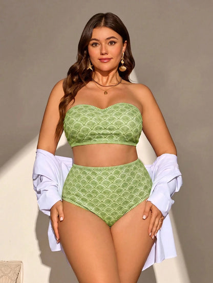 Swim Vcay Plus Size Allover Print Vacation Beach Swimwear Set