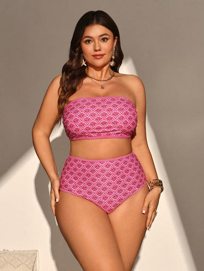 Swim Vcay Plus Size Allover Print Vacation Beach Swimwear Set