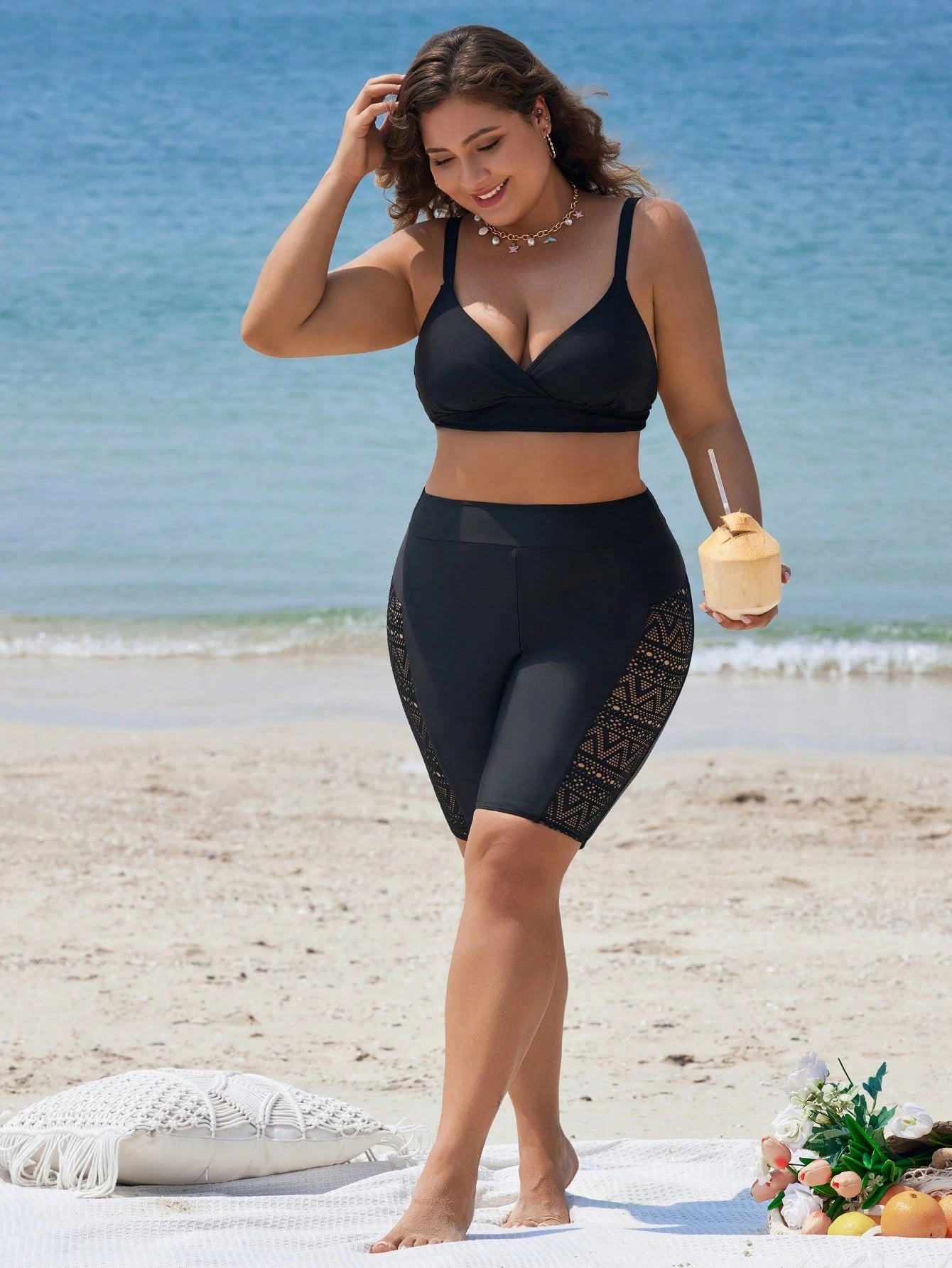 Swim Vcay Plus Size Black Solid Lace Spliced Monokini Bikini Bottom Summer
