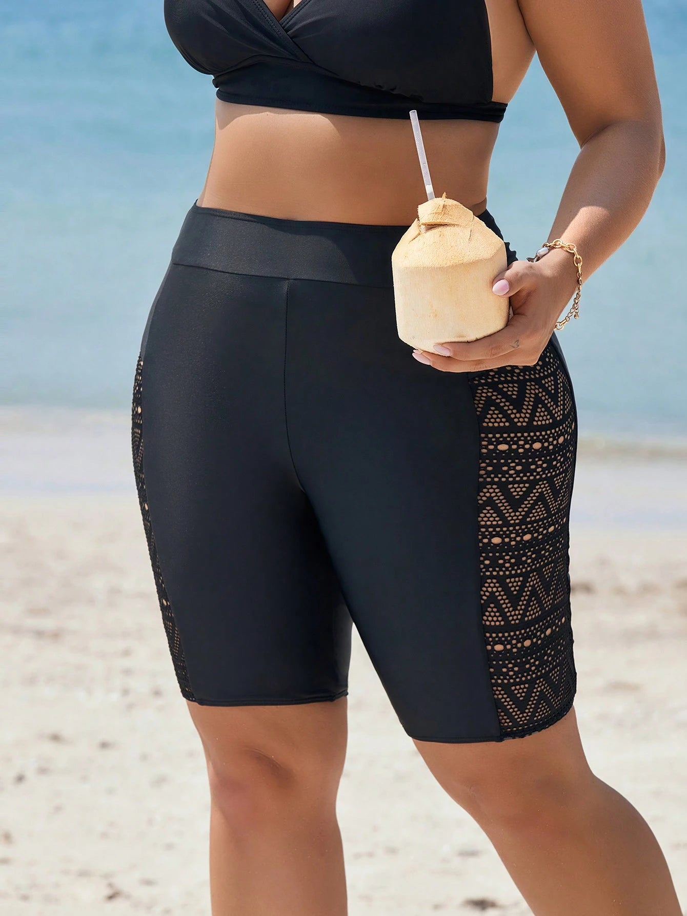 Swim Vcay Plus Size Black Solid Lace Spliced Monokini Bikini Bottom Summer