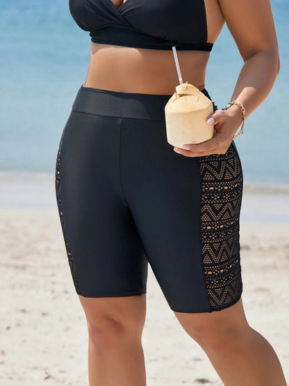 Swim Vcay Plus Size Black Solid Lace Spliced Monokini Bikini Bottom Summer