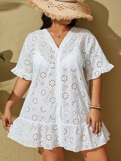 Swim Vcay Plus Size Hollow Out Embroidery Ruffle Trim Kimono, Beach Outfit Summer, Summer Beach