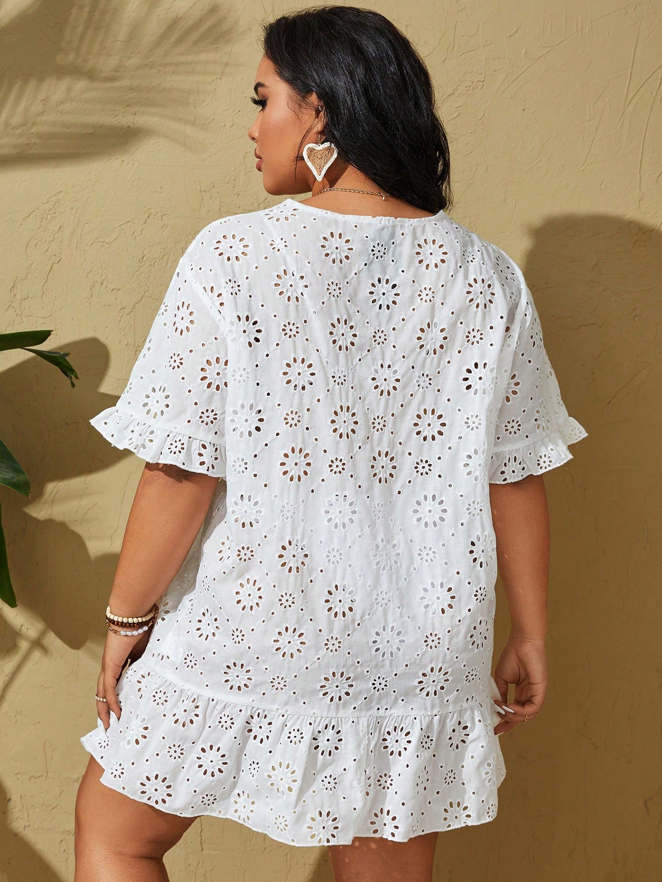 Swim Vcay Plus Size Hollow Out Embroidery Ruffle Trim Kimono, Beach Outfit Summer, Summer Beach