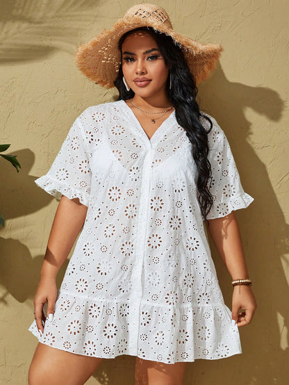Swim Vcay Plus Size Hollow Out Embroidery Ruffle Trim Kimono, Beach Outfit Summer, Summer Beach