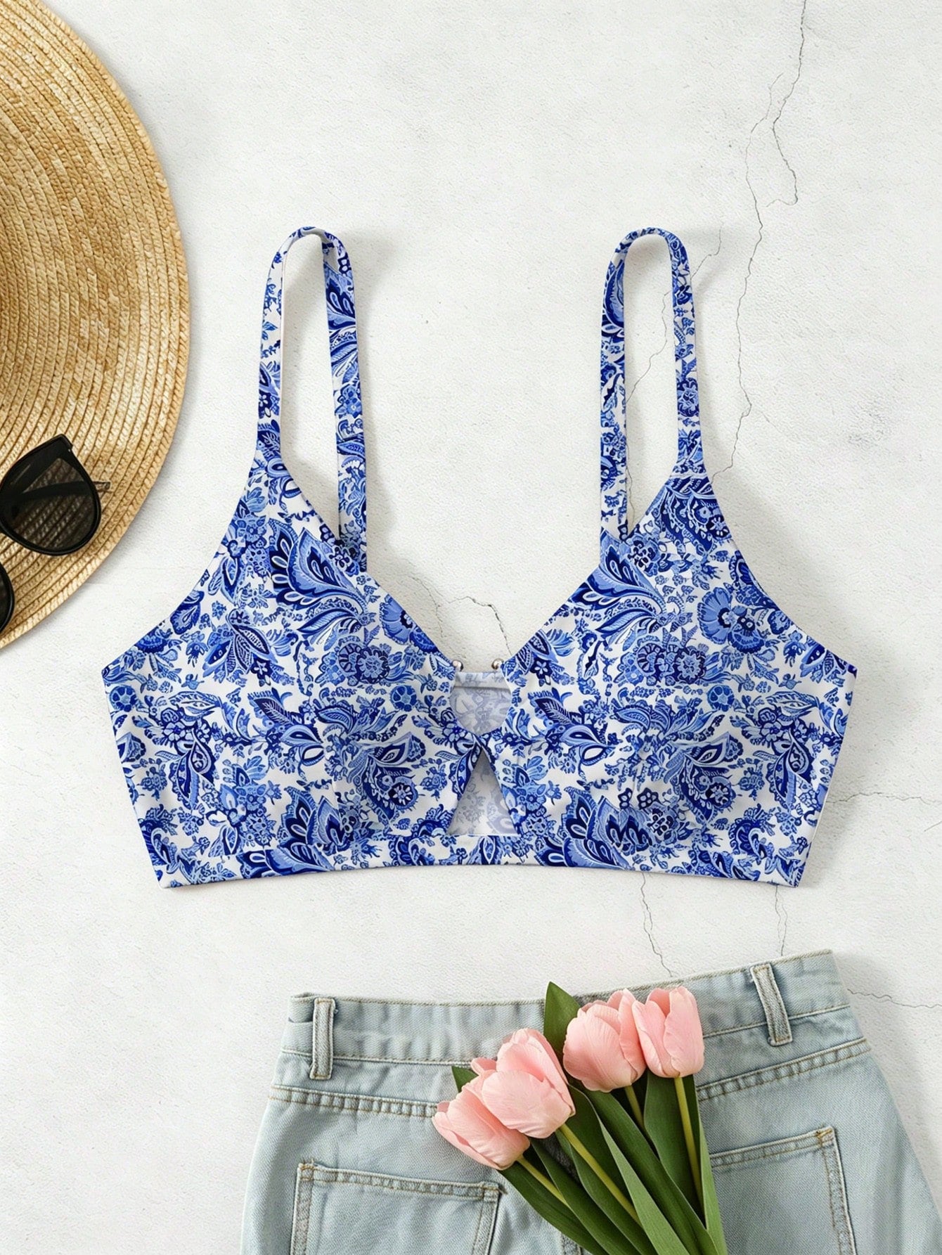 Swim Vcay Plus Size Multi-Color Adjustable Spaghetti Strap Hollow Chest Metal Hardware Connected Underbust Straight Sexy Minimalist Fashion Beach Casual Vacation Women's Swimsuit Top