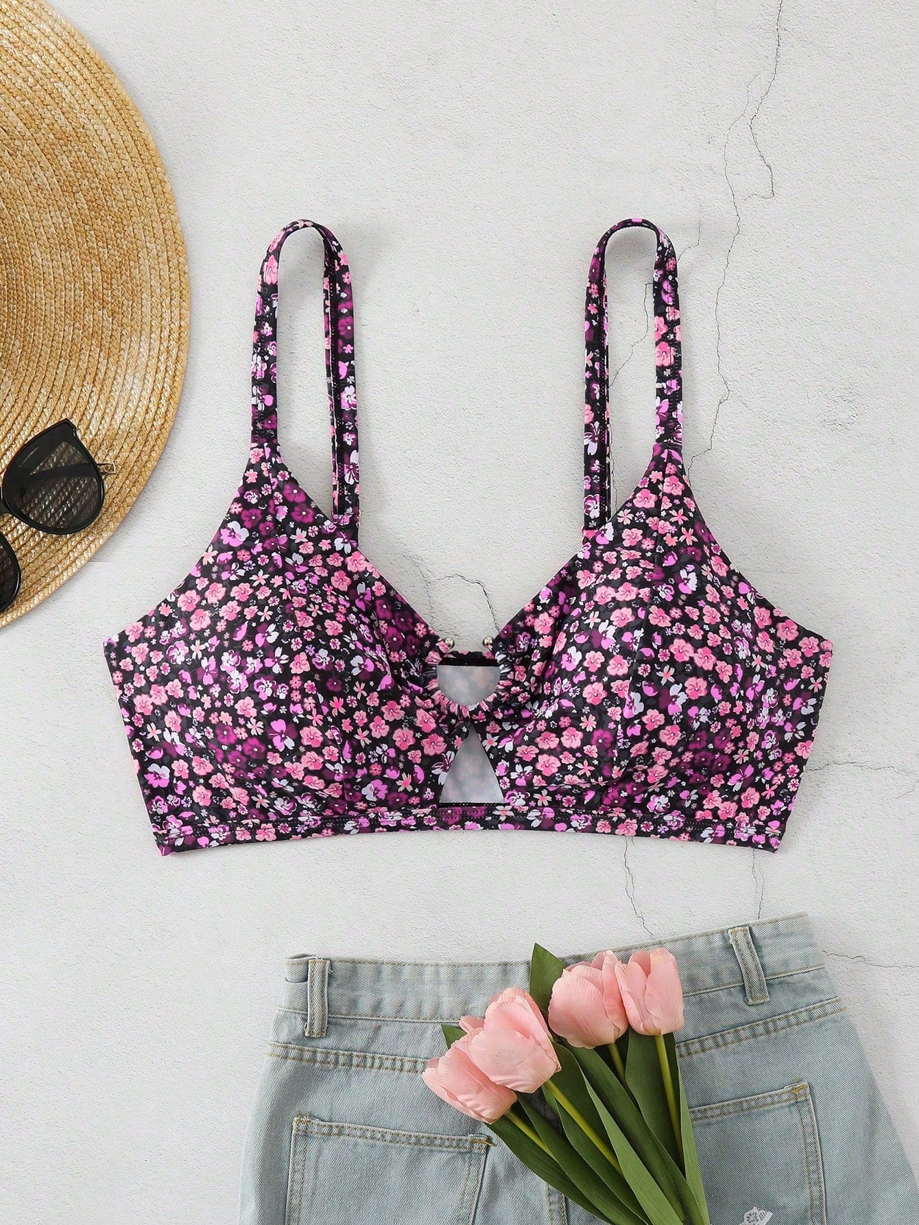 Swim Vcay Plus Size Multi-Color Adjustable Spaghetti Strap Hollow Chest Metal Hardware Connected Underbust Straight Sexy Minimalist Fashion Beach Casual Vacation Women's Swimsuit Top