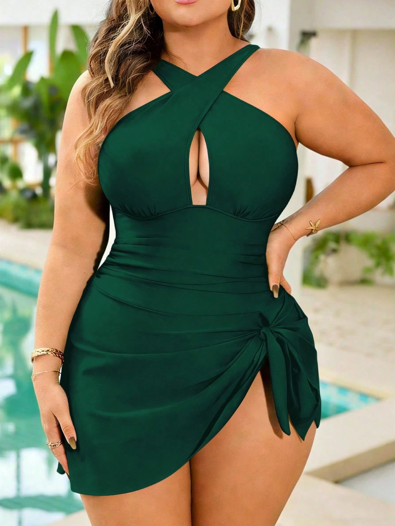 Swim Vcay Plus Size One-Piece Black Sexy Deep V Hollow Out Halter Swimsuit, Slimming Skirt Style Swimwear For Beach Holiday