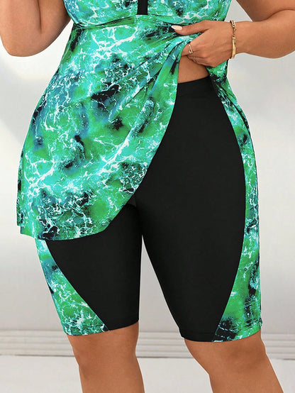 Swim Vcay Plus Size Women Digital Print Patchwork Mid-Thigh Board Shorts Swimwear For Beach Party Holiday For Summer Beach Vacation