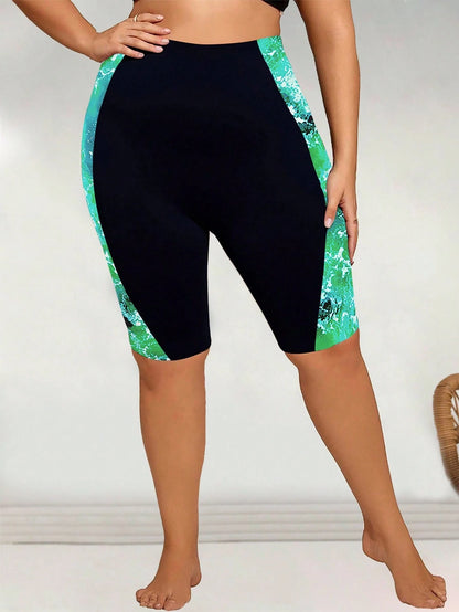 Swim Vcay Plus Size Women Digital Print Patchwork Mid-Thigh Board Shorts Swimwear For Beach Party Holiday For Summer Beach Vacation
