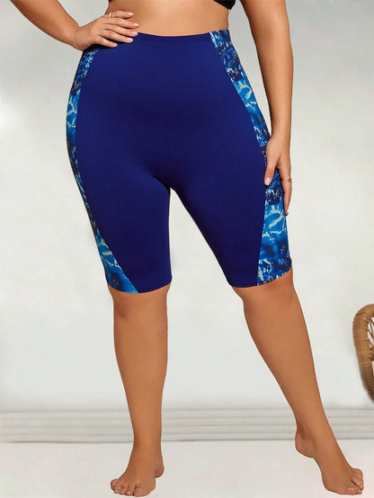 Swim Vcay Plus Size Women Digital Print Patchwork Mid-Thigh Board Shorts Swimwear For Beach Party Holiday For Summer Beach Vacation