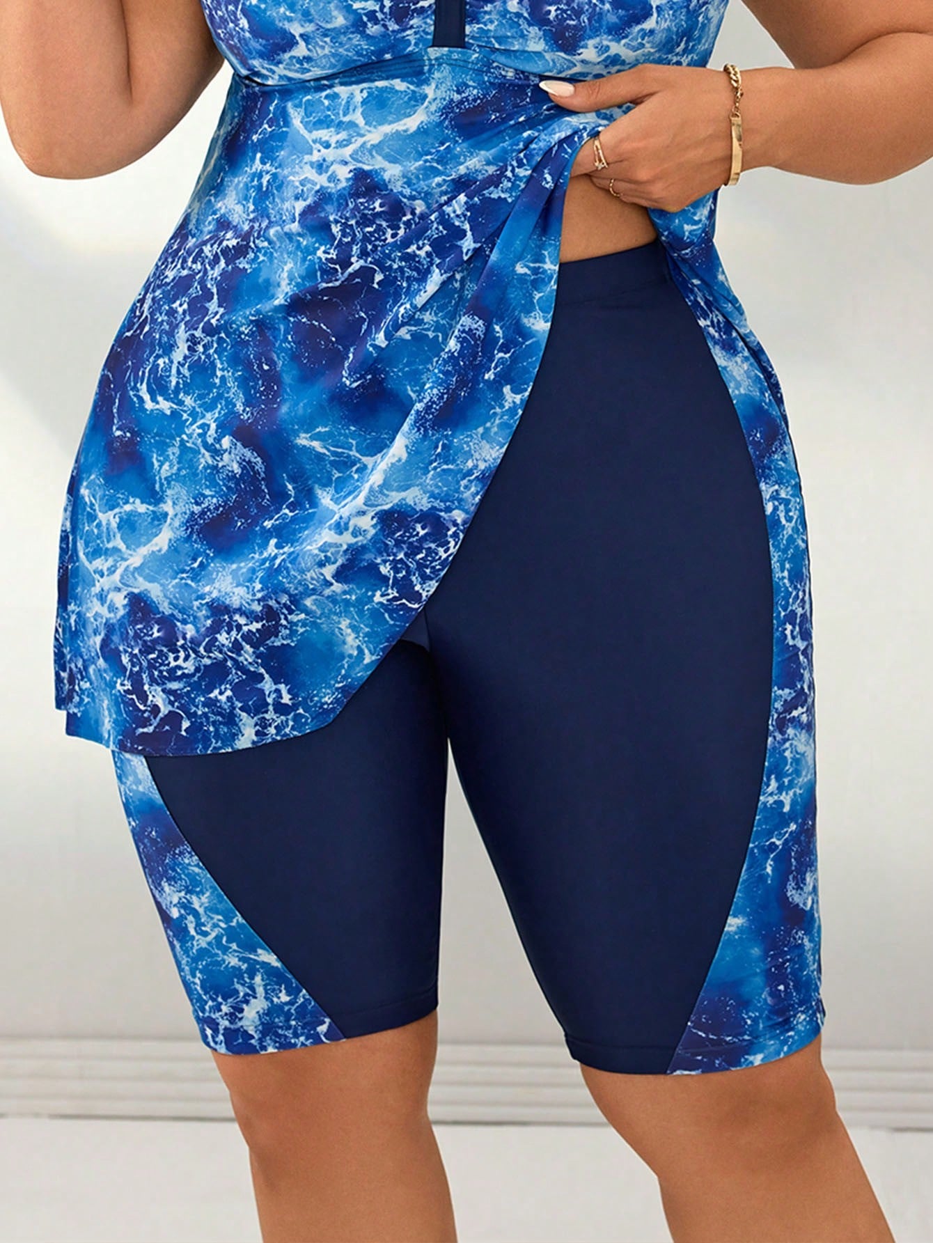 Swim Vcay Plus Size Women Digital Print Patchwork Mid-Thigh Board Shorts Swimwear For Beach Party Holiday For Summer Beach Vacation