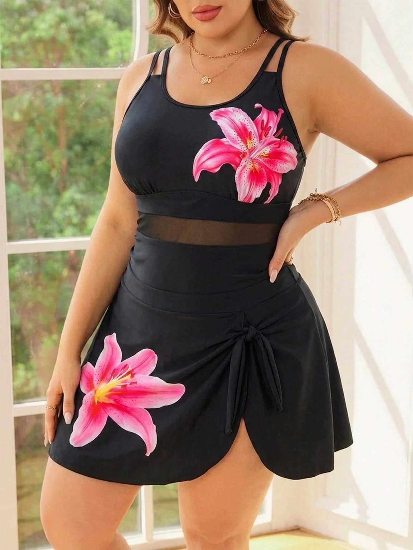 Swim Vcay Plus Size Women's Elegant Tropical Safari Sexy Printed Beach Carribean Gym Vacation Spaghetti Strap Tie-Waist A-Line Concealing Swimdress Summer