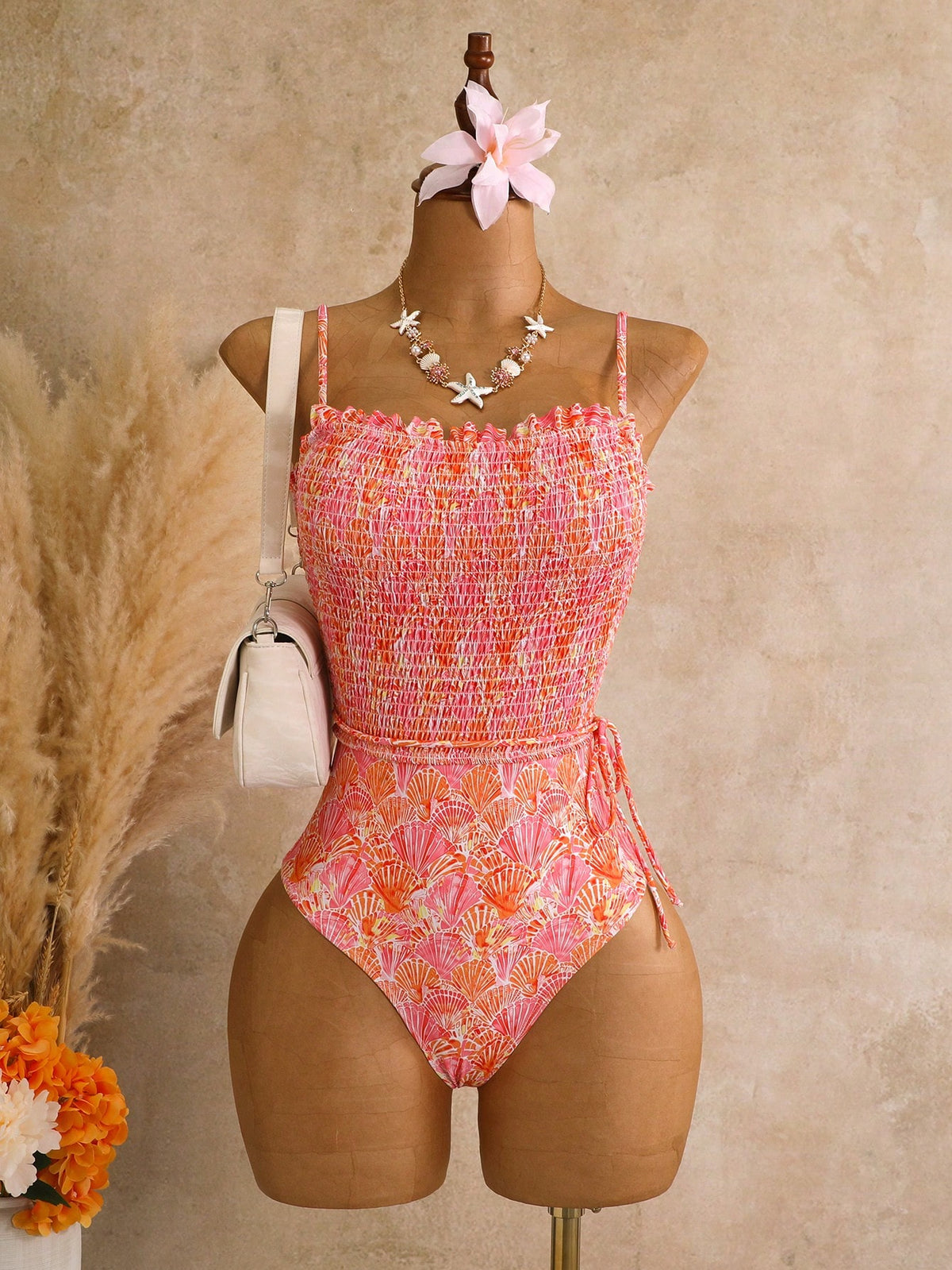 Swim Vcay Random Blue & White Print One-Piece Swimsuit, Adjustable Shoulder Straps, Versatile Beach Vacation Casual One-Piece Swimsuit For Women