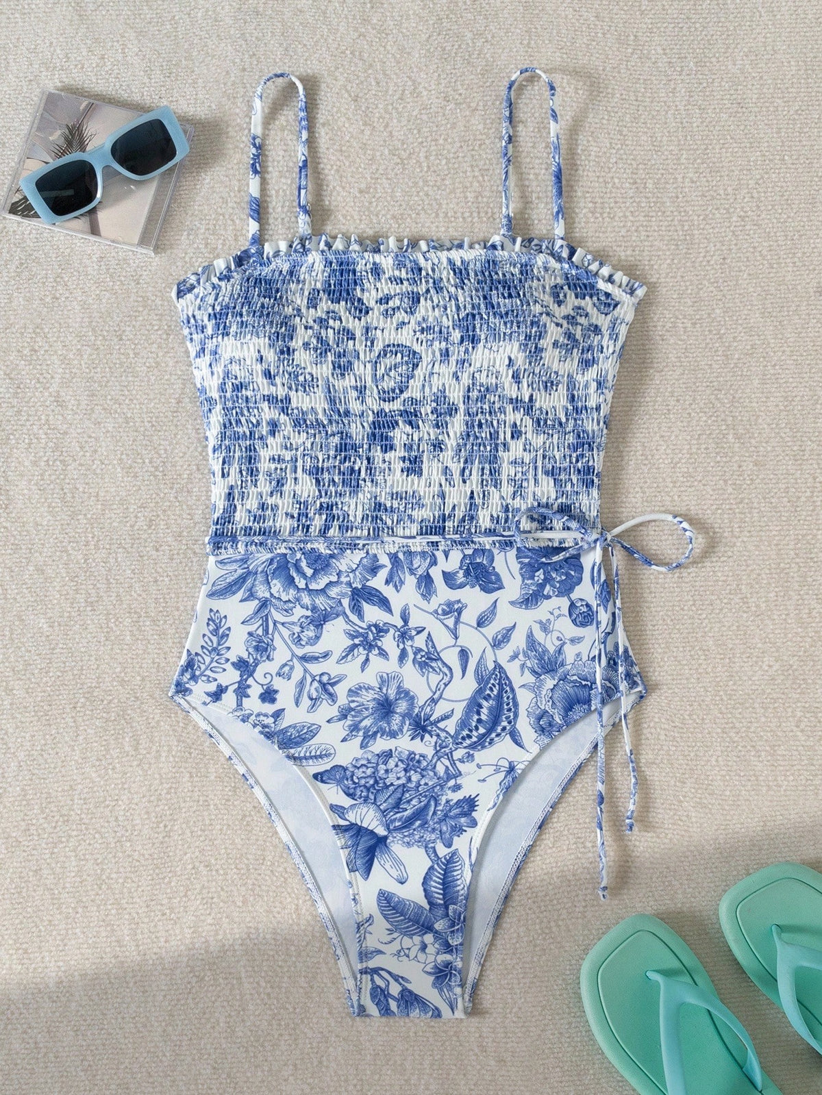 Swim Vcay Random Blue & White Print One-Piece Swimsuit, Adjustable Shoulder Straps, Versatile Beach Vacation Casual One-Piece Swimsuit For Women
