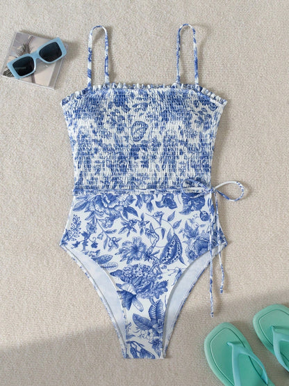 Swim Vcay Random Blue & White Print One-Piece Swimsuit, Adjustable Shoulder Straps, Versatile Beach Vacation Casual One-Piece Swimsuit For Women