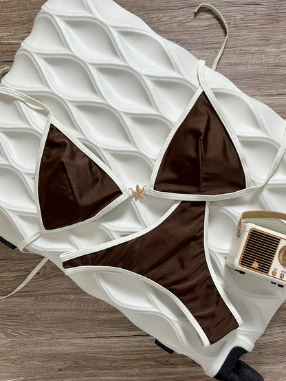 Swim Vcay Solid Color Triangle Halter Backless Bikini Top And Shorts Women Sexy Swimwear Set For Beach Vacation, Spring/Summer