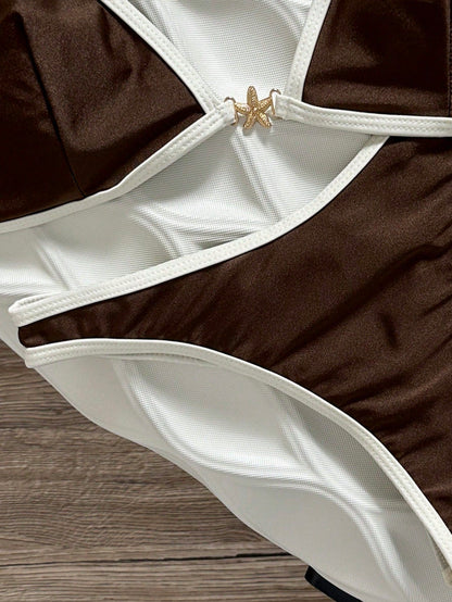 Swim Vcay Solid Color Triangle Halter Backless Bikini Top And Shorts Women Sexy Swimwear Set For Beach Vacation, Spring/Summer