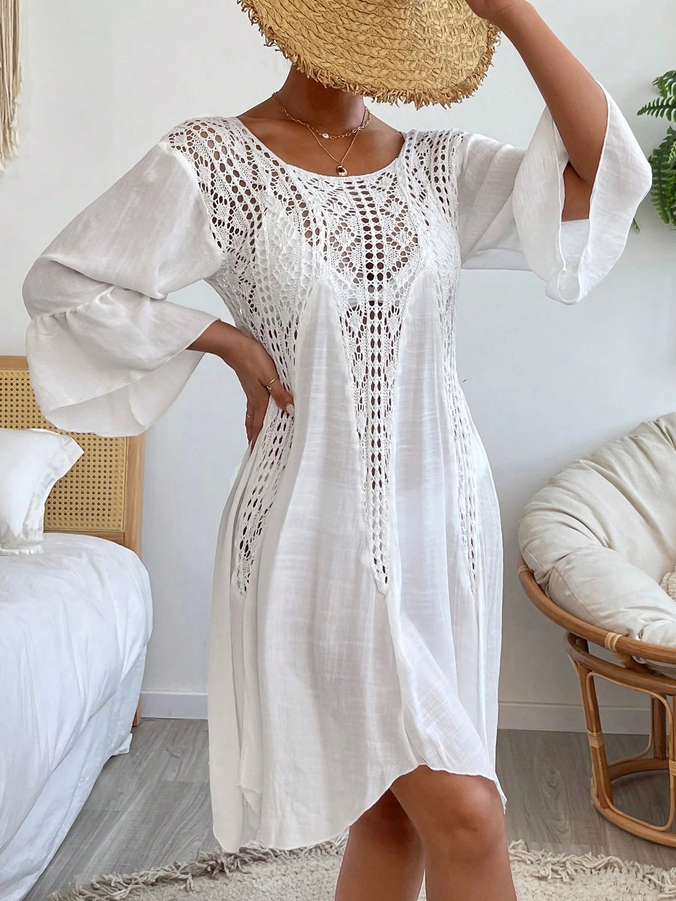 Swim Vcay Summer Beach Contrast Crochet Flounce Sleeve Cover Up Dress