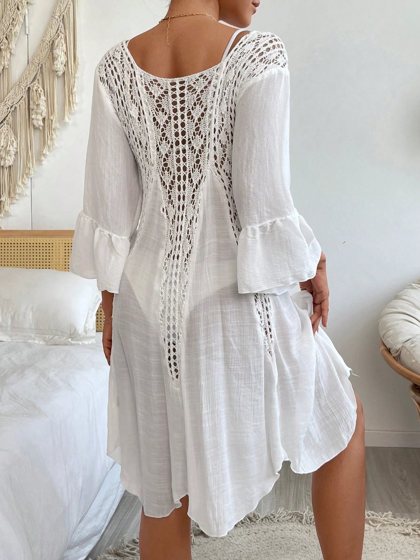 Swim Vcay Summer Beach Contrast Crochet Flounce Sleeve Cover Up Dress