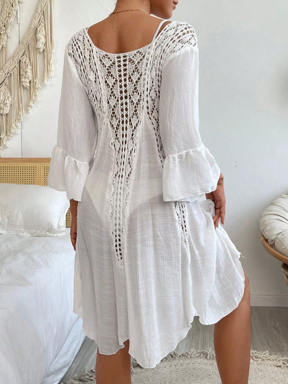 Swim Vcay Summer Beach Contrast Crochet Flounce Sleeve Cover Up Dress