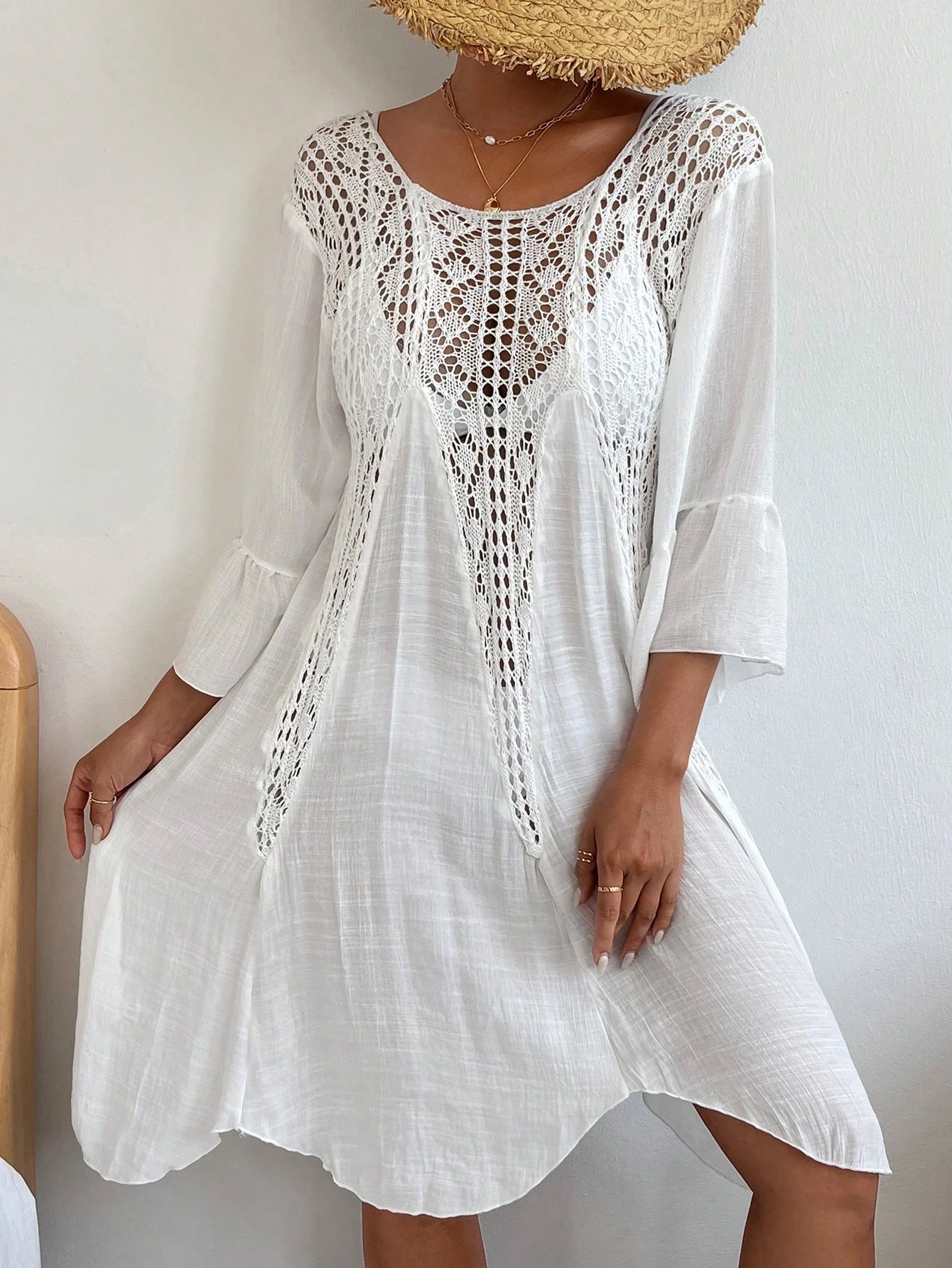 Swim Vcay Summer Beach Contrast Crochet Flounce Sleeve Cover Up Dress
