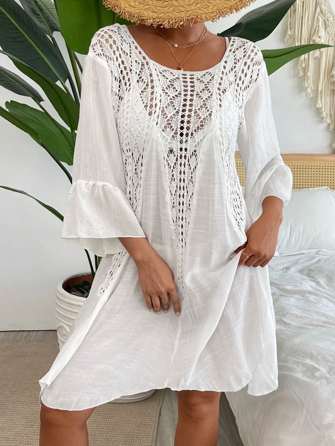 Swim Vcay Summer Beach Contrast Crochet Flounce Sleeve Cover Up Dress