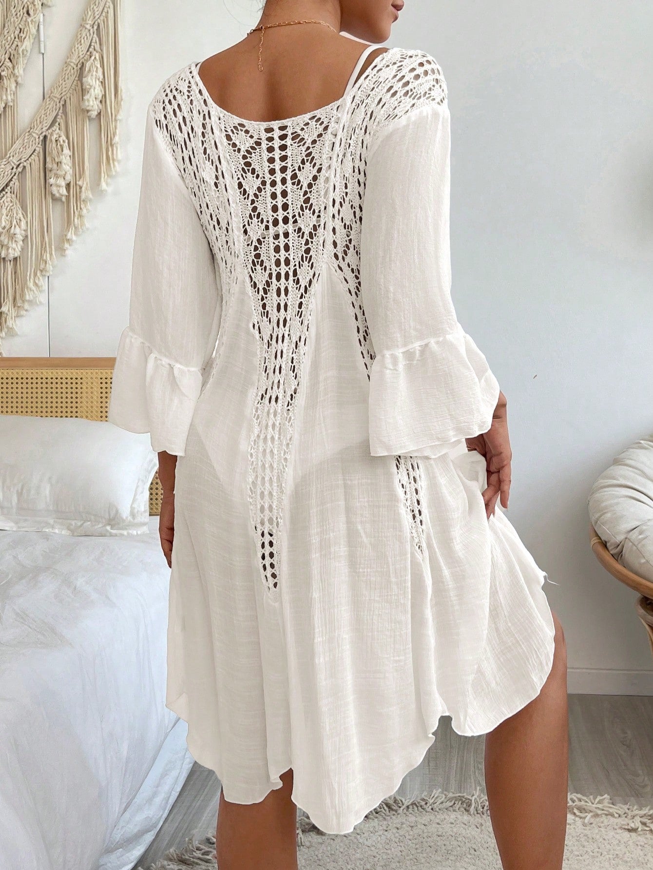 Swim Vcay Summer Beach Contrast Crochet Flounce Sleeve Cover Up Dress