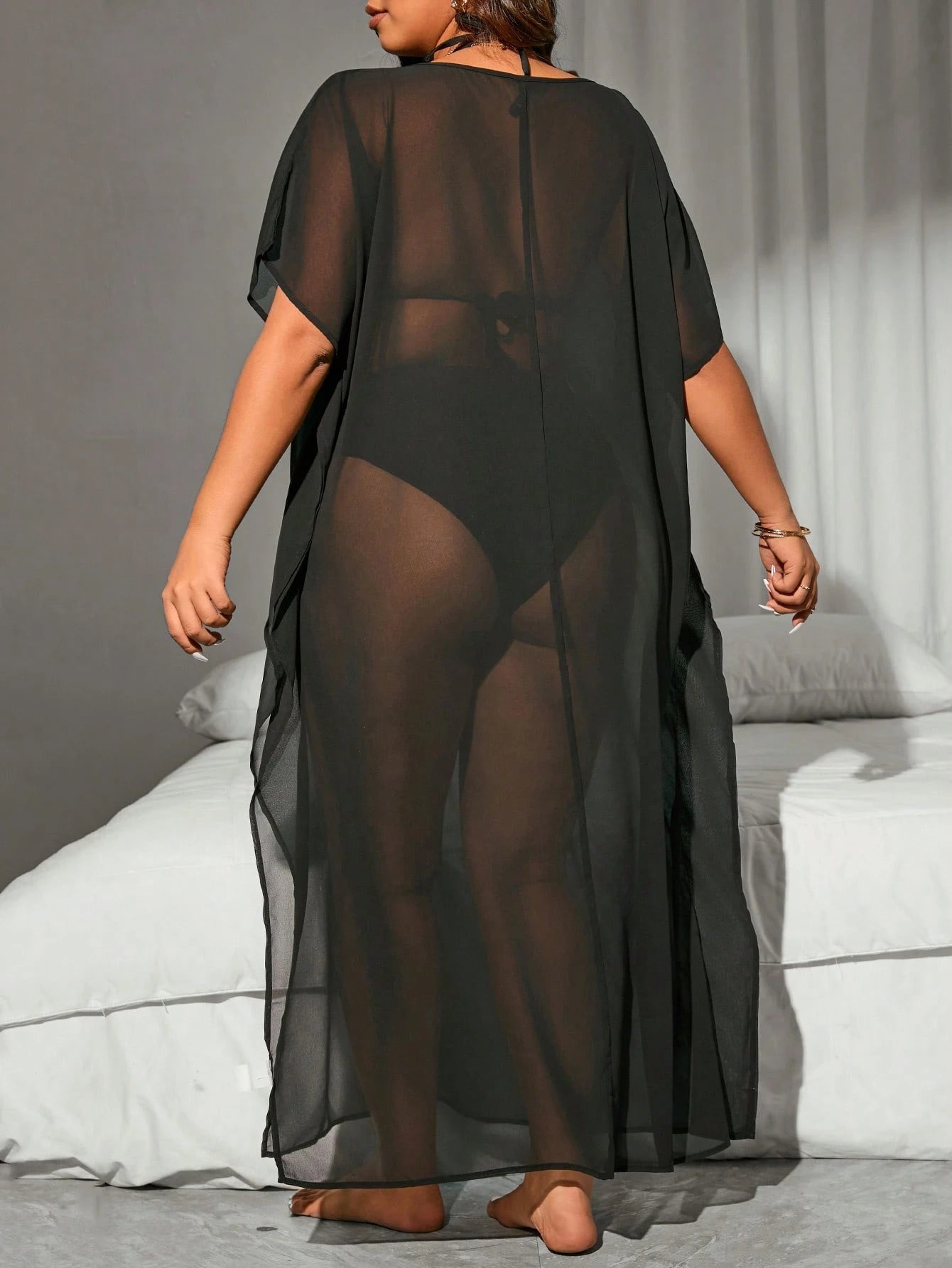 Swim Vcay Summer Beach Ladies Plus Size Sheer Mesh Round Neck Split Cover Up Music Festival