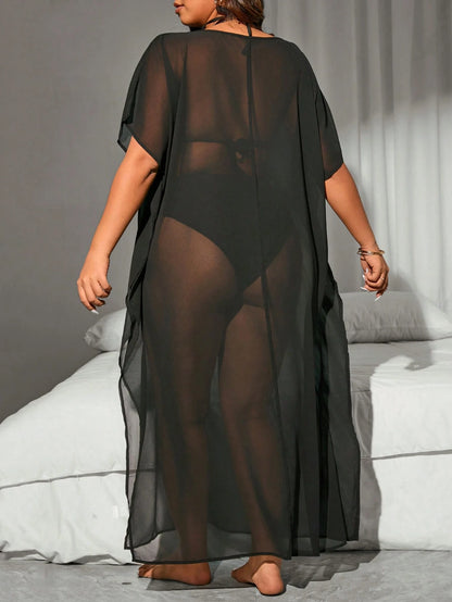 Swim Vcay Summer Beach Ladies Plus Size Sheer Mesh Round Neck Split Cover Up Music Festival
