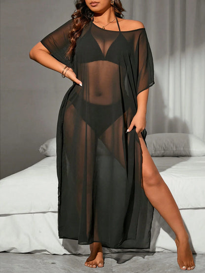 Swim Vcay Summer Beach Ladies Plus Size Sheer Mesh Round Neck Split Cover Up Music Festival