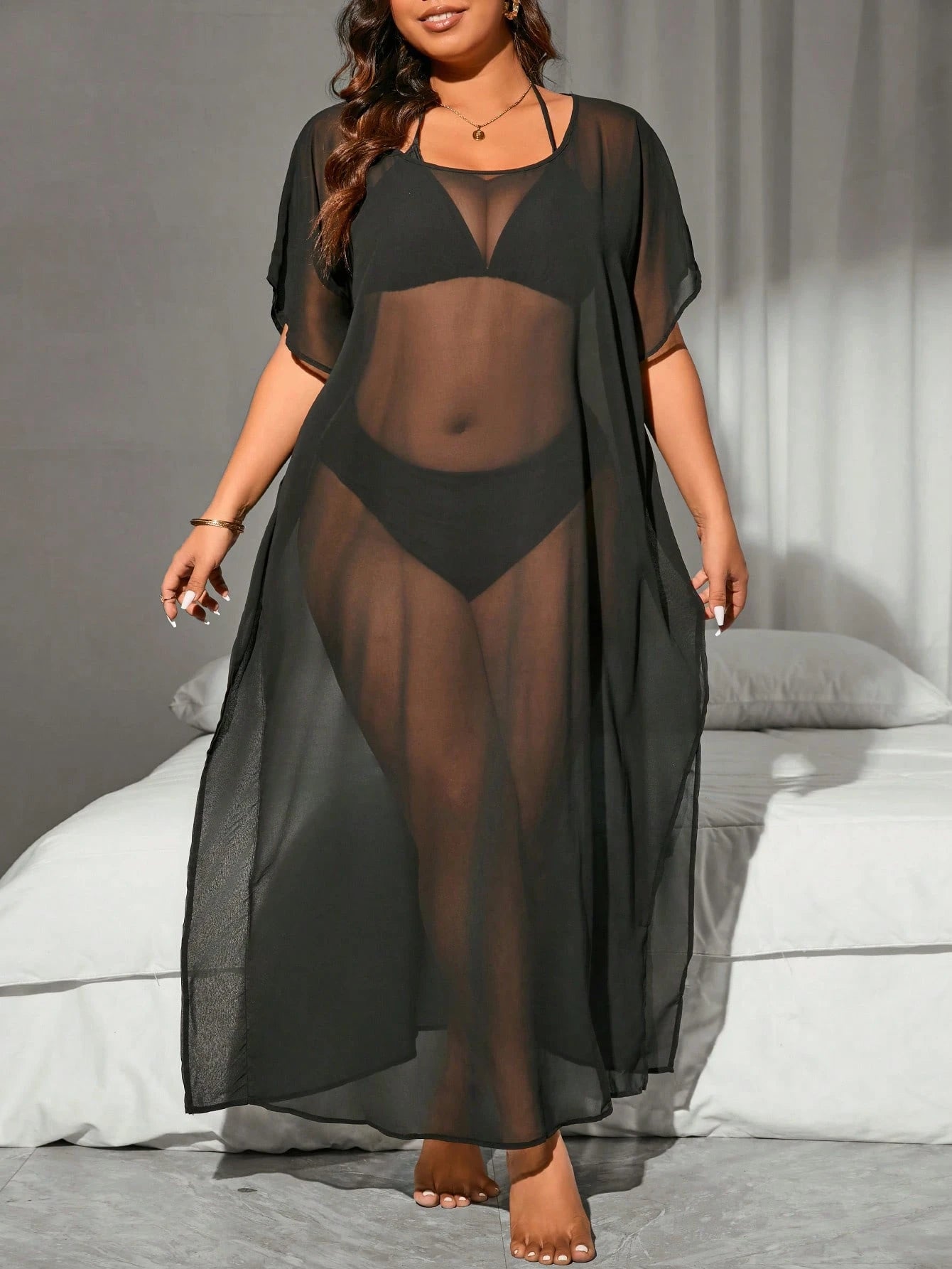 Swim Vcay Summer Beach Ladies Plus Size Sheer Mesh Round Neck Split Cover Up Music Festival