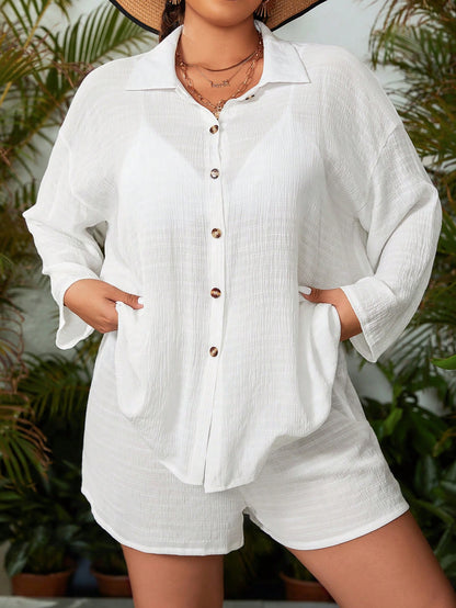 Swim Vcay Summer Beach Plus Size Women's Fashionable Solid Color Long Sleeve Button Up Cover Up