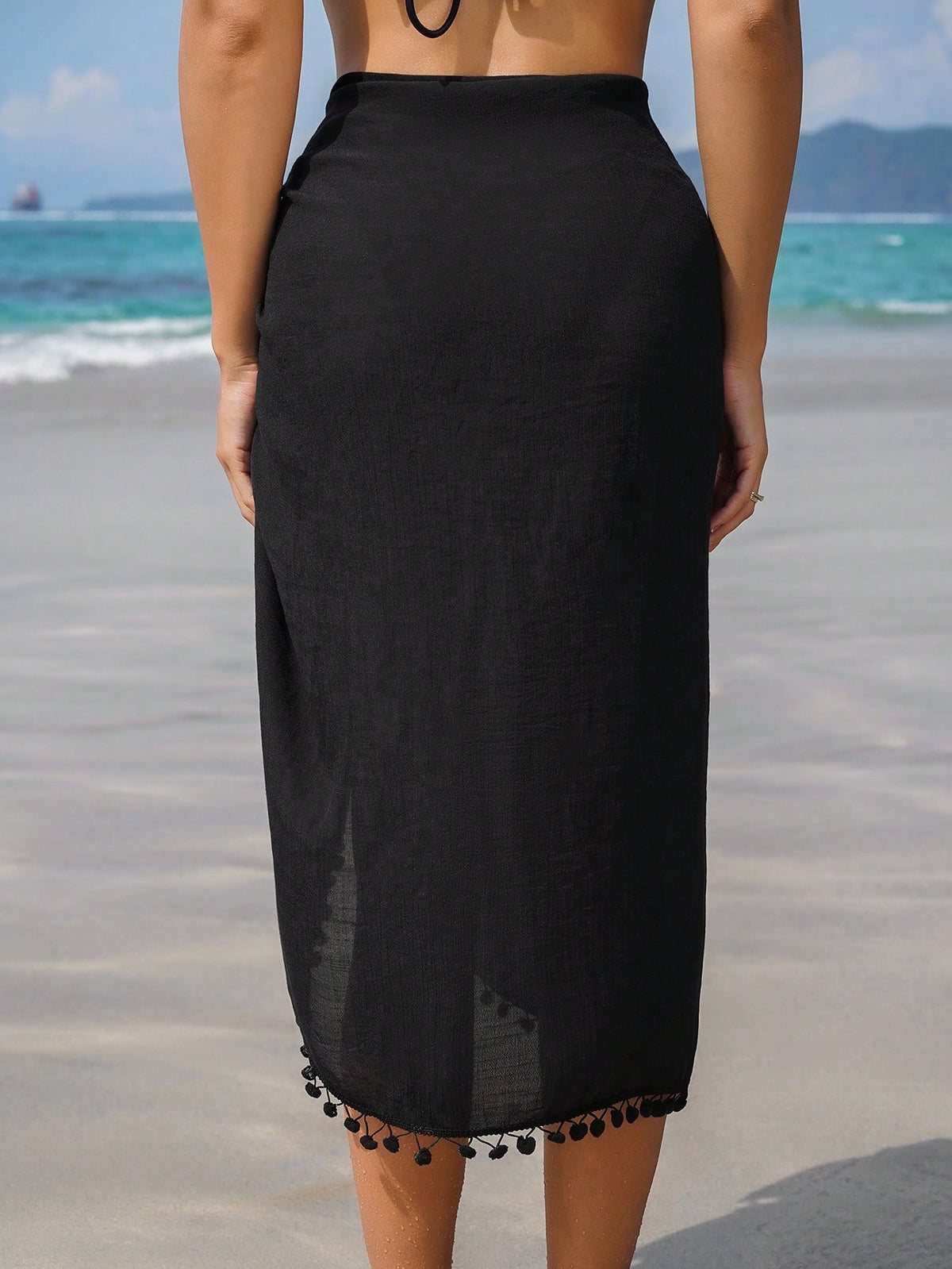 Swim Vcay Summer Beach Women Fashion Solid Color Pom Pom Decoration Open Slit Midi Cover Up Skirt