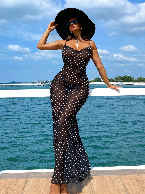 Swim Vcay Summer Clothes Sexy Casual Vacation Polka Dot Print Spaghetti Strap Sheer Maxi Beach Cover Up Dress, For Ladies Summer