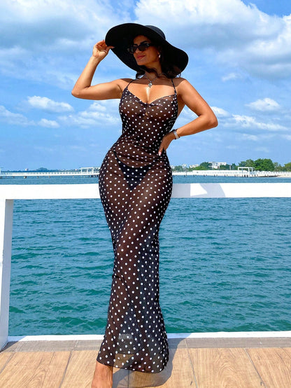 Swim Vcay Summer Clothes Sexy Casual Vacation Polka Dot Print Spaghetti Strap Sheer Maxi Beach Cover Up Dress, For Ladies Summer