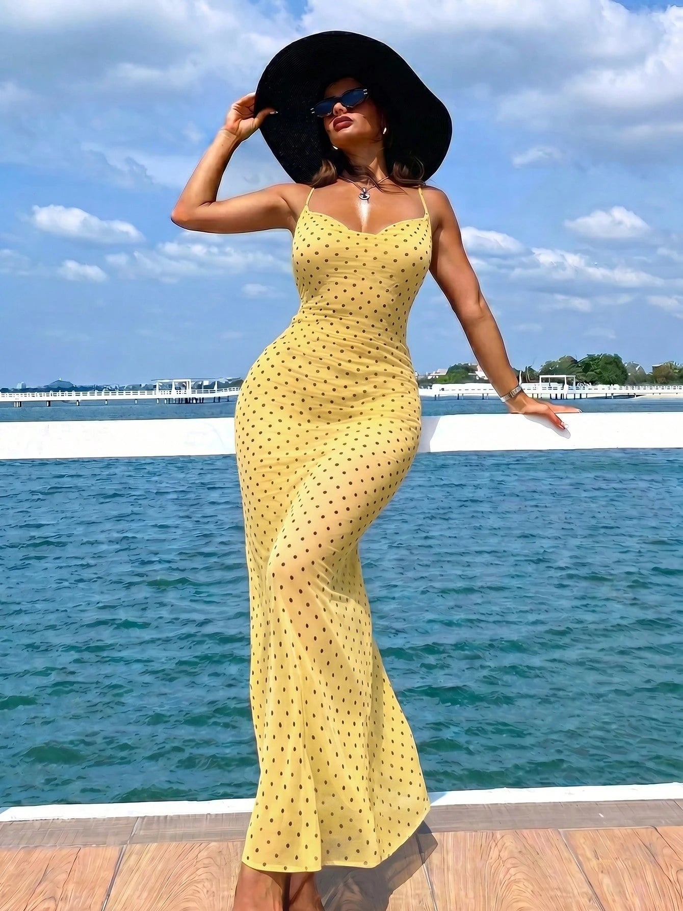Swim Vcay Summer Clothes Sexy Casual Vacation Polka Dot Print Spaghetti Strap Sheer Maxi Beach Cover Up Dress, For Ladies Summer