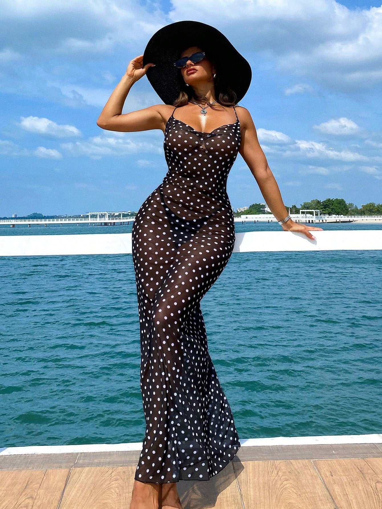 Swim Vcay Summer Clothes Sexy Casual Vacation Polka Dot Print Spaghetti Strap Sheer Maxi Beach Cover Up Dress, For Ladies Summer