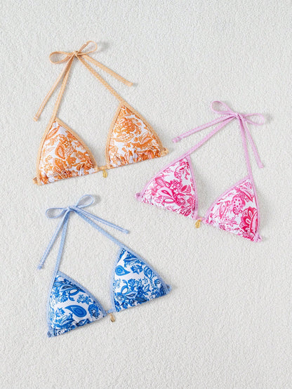 Swim Vcay Women 3pcs Set Blue And White Porcelain Print Halter Backless Bikini Top,Boho Decorative Shell Pirate Ship,White,Summer,Beach Vacation,Holiday,Party
