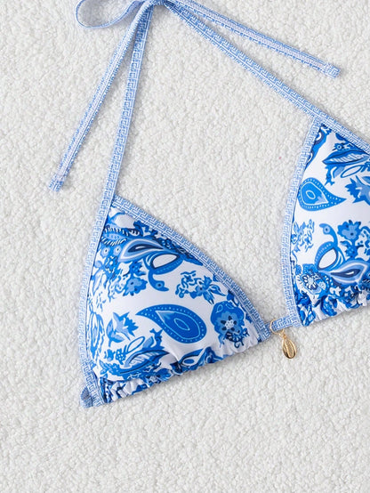 Swim Vcay Women 3pcs Set Blue And White Porcelain Print Halter Backless Bikini Top,Boho Decorative Shell Pirate Ship,White,Summer,Beach Vacation,Holiday,Party