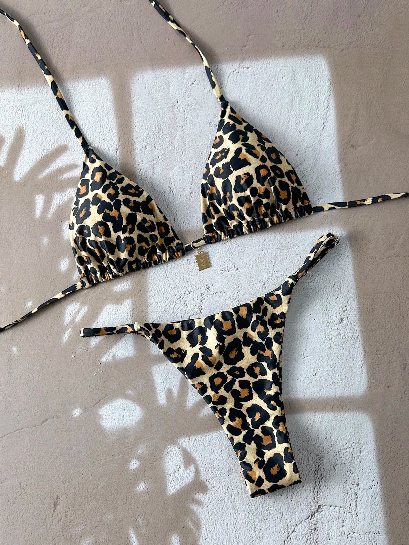 Swim Vcay Women Leopard Randomly Printed Sexy Spaghetti Strap Metallic Jewelry Bikini Set, Beach Summer Outfit