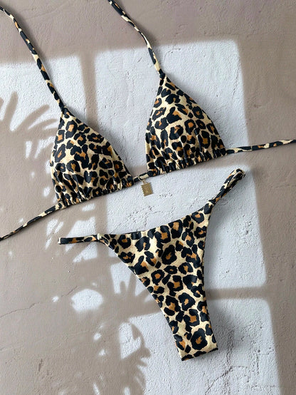 Swim Vcay Women Leopard Randomly Printed Sexy Spaghetti Strap Metallic Jewelry Bikini Set, Beach Summer Outfit