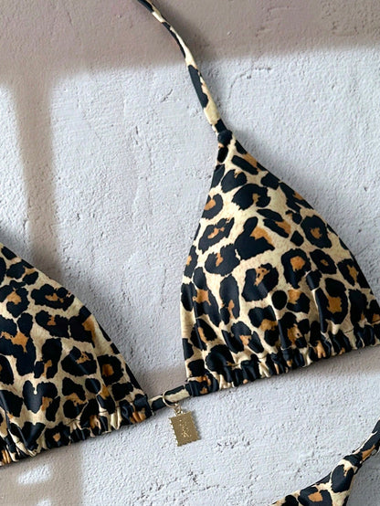 Swim Vcay Women Leopard Randomly Printed Sexy Spaghetti Strap Metallic Jewelry Bikini Set, Beach Summer Outfit