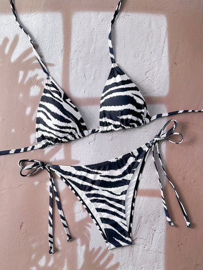 Swim Vcay Women's All-Over Print Halter Twist Front Bikini Set Zebra Print Bikini Animal Print Bathing Suit Tie Bikini Set Bathing Suit Sets Stripe Bikini
