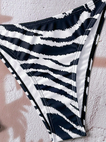 Swim Vcay Women's All-Over Print Halter Twist Front Bikini Set Zebra Print Bikini Animal Print Bathing Suit Tie Bikini Set Bathing Suit Sets Stripe Bikini
