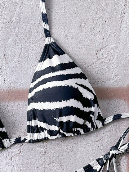 Swim Vcay Women's All-Over Print Halter Twist Front Bikini Set Zebra Print Bikini Animal Print Bathing Suit Tie Bikini Set Bathing Suit Sets Stripe Bikini