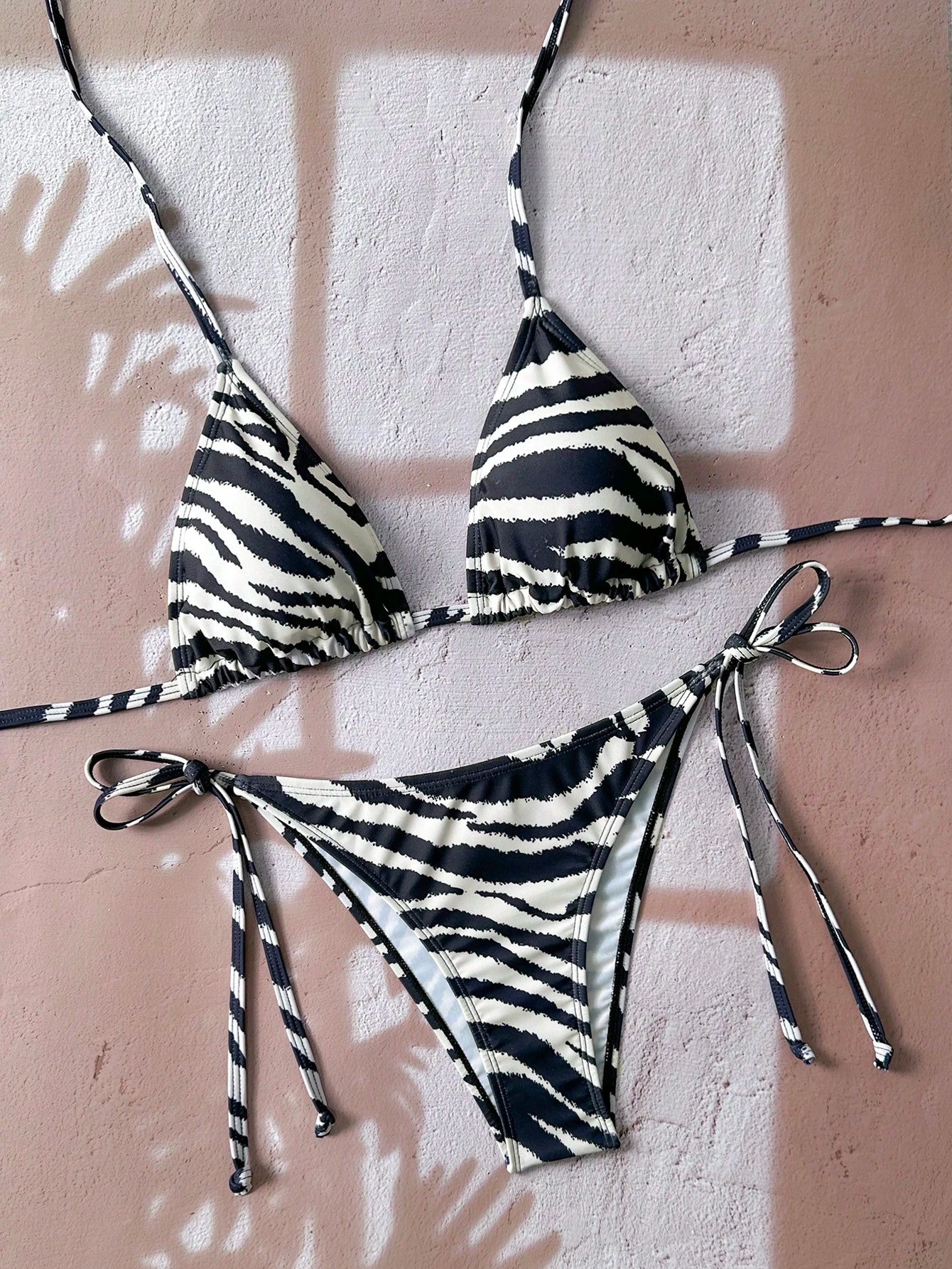 Swim Vcay Women's All-Over Print Halter Twist Front Bikini Set Zebra Print Bikini Animal Print Bathing Suit Tie Bikini Set Bathing Suit Sets Stripe Bikini