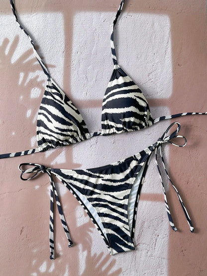 Swim Vcay Women's All-Over Print Halter Twist Front Bikini Set Zebra Print Bikini Animal Print Bathing Suit Tie Bikini Set Bathing Suit Sets Stripe Bikini