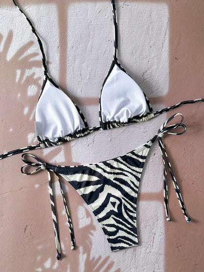 Swim Vcay Women's All-Over Print Halter Twist Front Bikini Set Zebra Print Bikini Animal Print Bathing Suit Tie Bikini Set Bathing Suit Sets Stripe Bikini