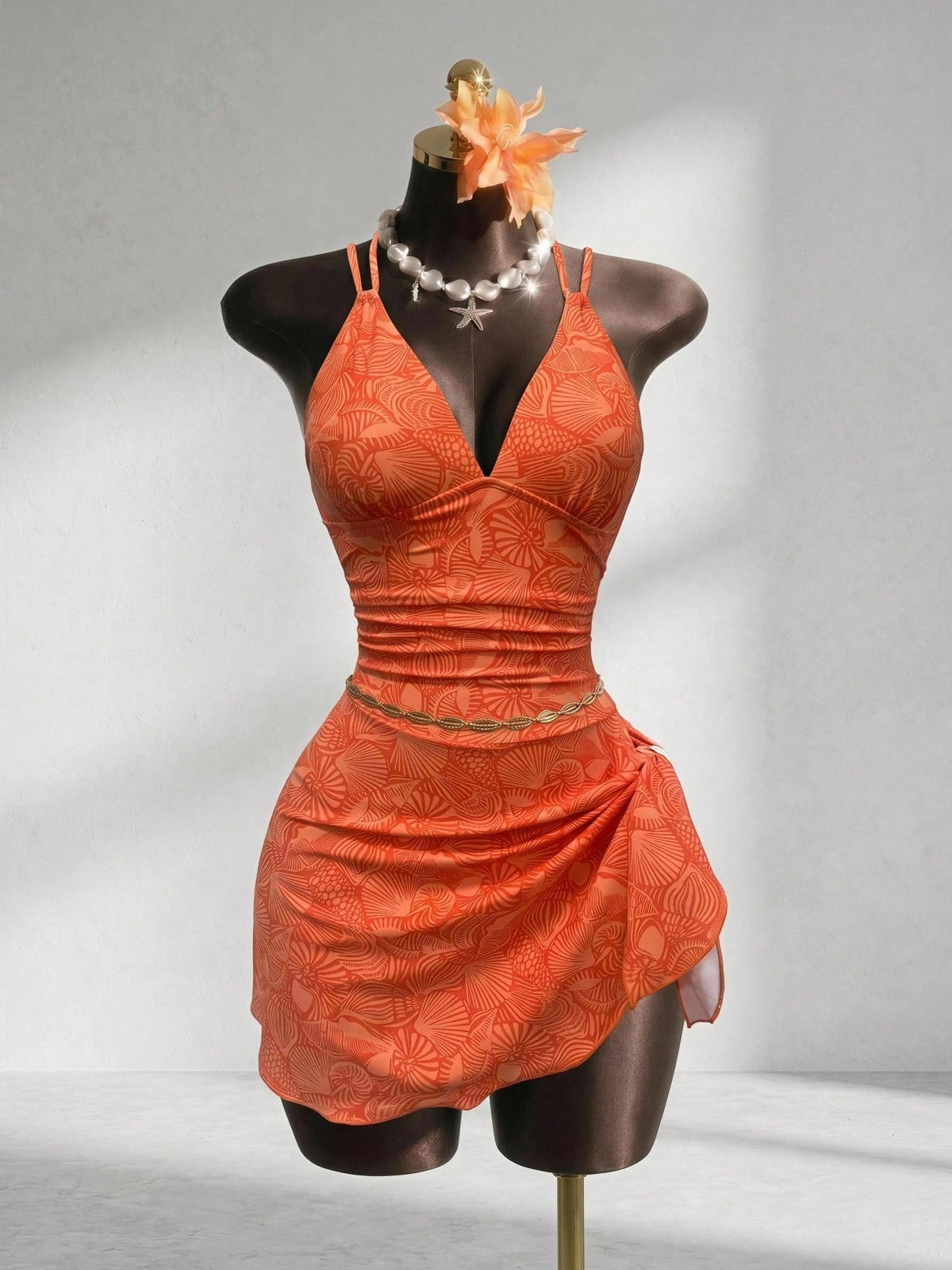 Swim Vcay Women's All-Over Print Pleated One-Piece Swim Dress, Suitable For Summer Vacation And Beach Vacation Burnt Orange Tropical