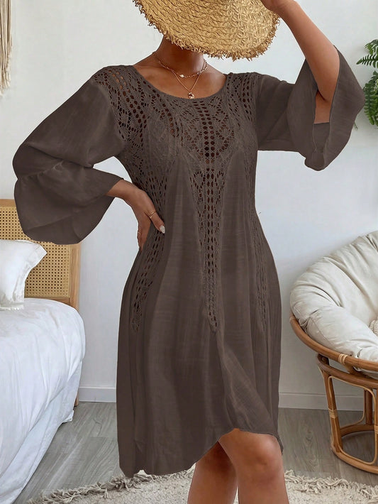 Swim Vcay Women's Bohemian Casual Vacation Beach Party Hollow Out Flare Sleeve Crochet Cover Up Dress, Spring/Summer